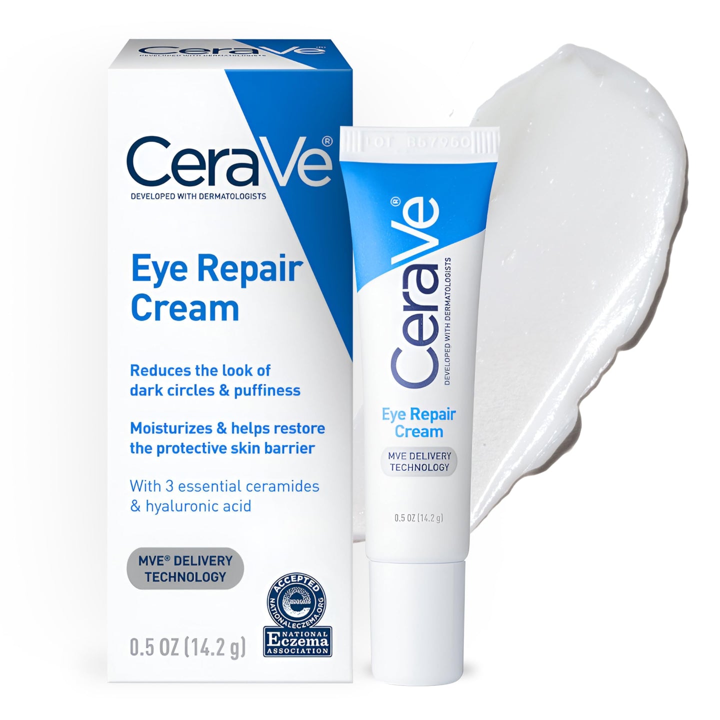 CeraVe Eye Repair Cream | Under Eye Cream for Dark Circles and Puffiness Delicate Skin Under Eye Area with Hyaluronic acid and Ceramides | Non-comedogenic, Fragrance Free | 0.5Oz, 14 ML